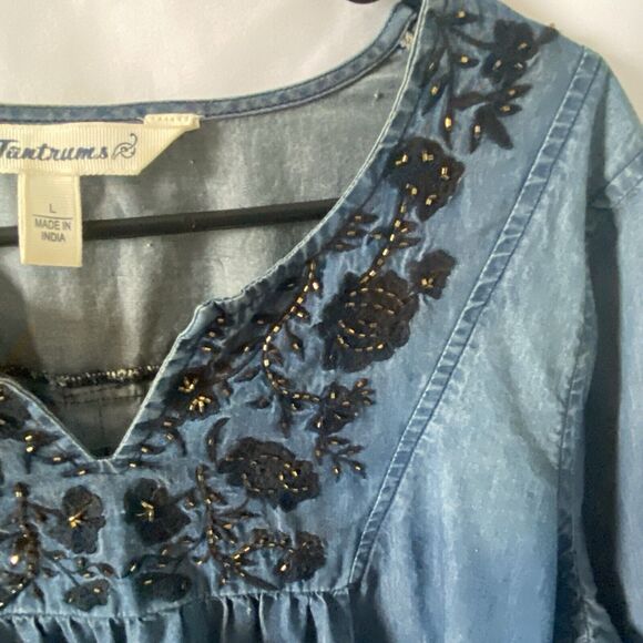 Tantrums Peasant Top Womens L Denim Embroidered Boho Babydoll Chambray - Picture 4 of 10